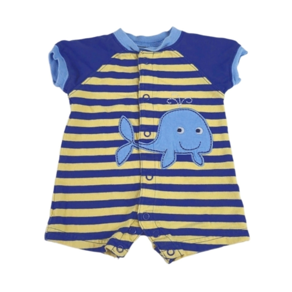 Vintage Newborn Baby Outfit One Piece Romper Blue Yellow Stripe Whale Embroidery